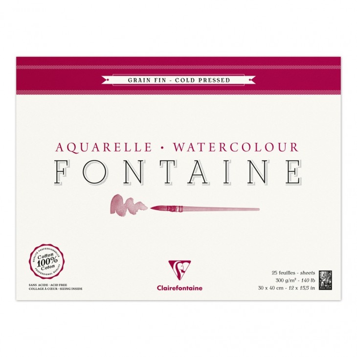 Fontaine 100% cotton watercolour pad glued on 4 sides cold pressed 300g 25 sheets 30x40cm.