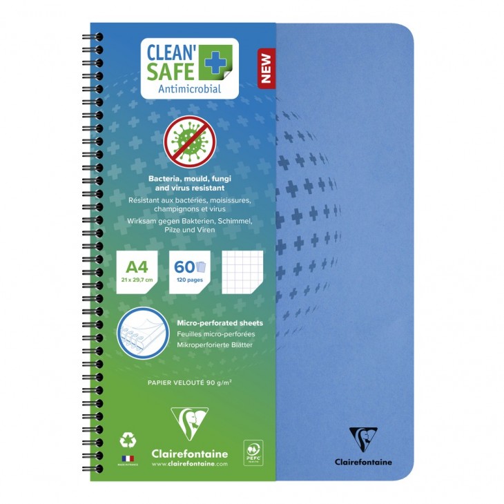 Cahier reliure intégrale CleanSafe A4 120 pages détachables petits carreaux couverture antimicrobienne.
