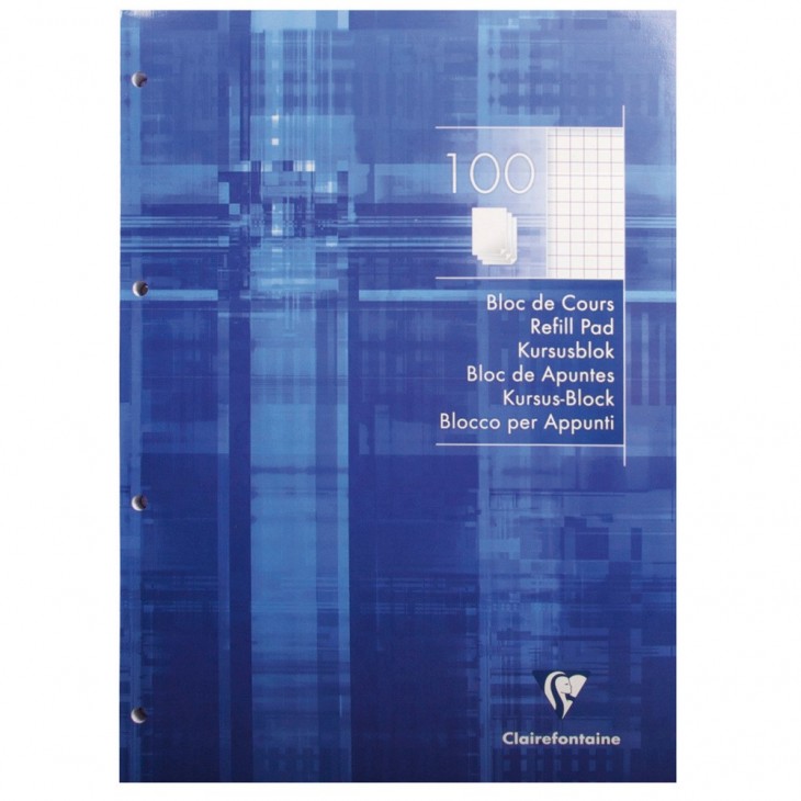Bloc de cours encollé grand côté A4 200 pages détachables perforé 4 trous petits carreaux Bleu électrique.