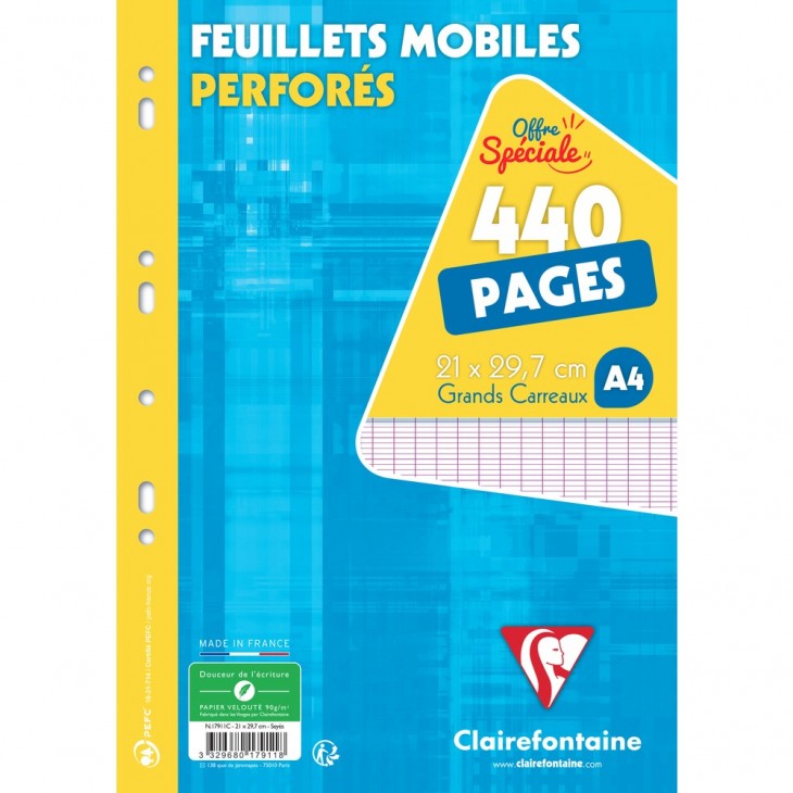 Feuillets mobiles sous film A4 440 pages perforés grands carreaux.