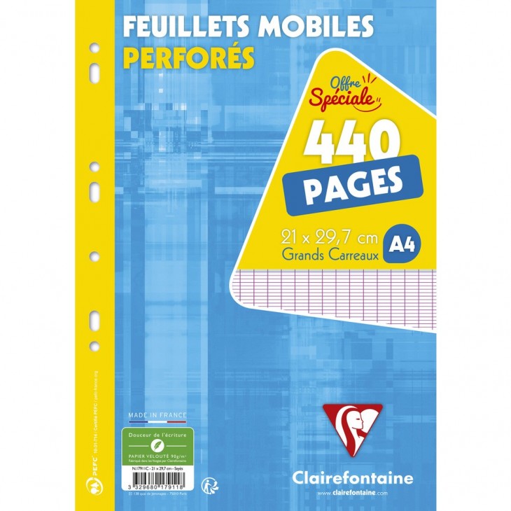 Feuillets mobiles sous film A4 440 pages perforés grands carreaux - Livré en demi-box palette.