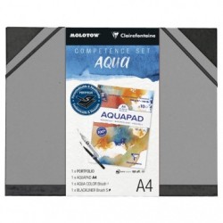 Clairefontaine/Molotow, COMPETENCE SET Aquarell, Zeichenmappe dunkelgrau mit 1 Aquapad A4, 1 Aqua Color Brush und 1 Blackliner B