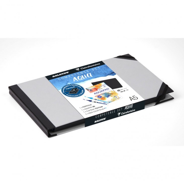 Clairefontaine/Molotow, COMPETENCE SET Aquarell, Zeichenmappe hellgrau mit 1 Aquapad A5, 1 CrokBook 17x11cm, 2 Aqua Color Brush.