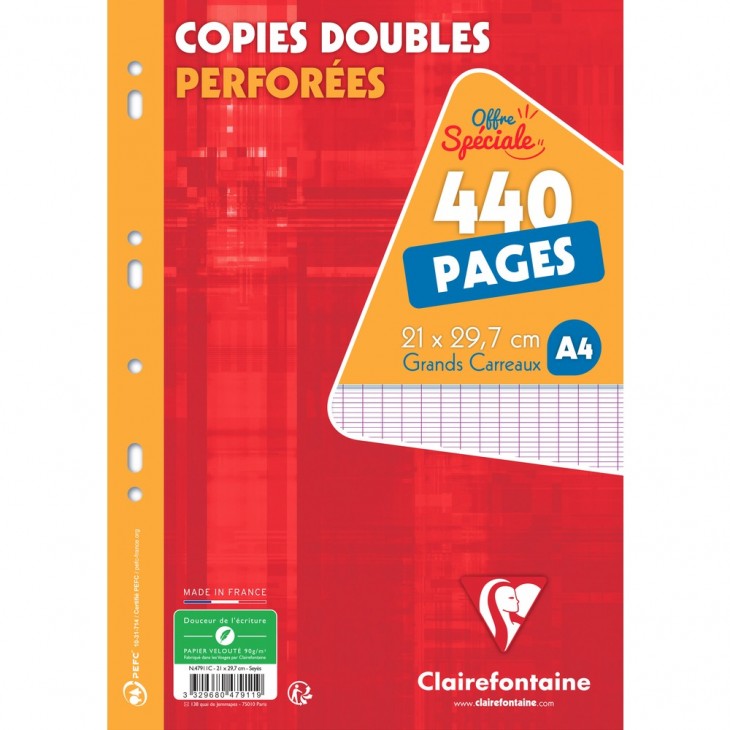 Copies doubles sous film A4 440 pages perforées grands carreaux. 