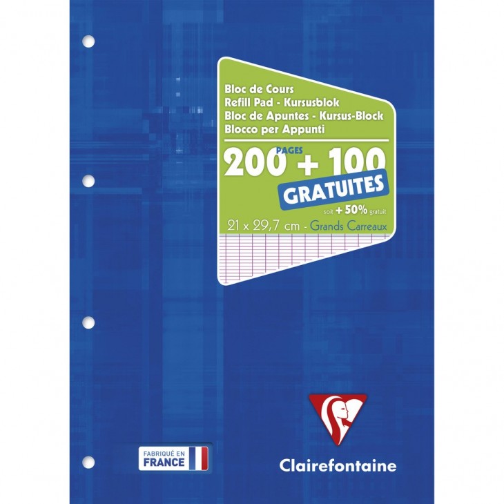 100 feuilles A4 Clairefontaine 5819C Bloc de cours A4 ligné français bleu 