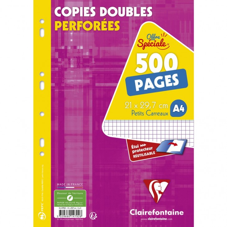 Clairefontaine 592C Un Étui de Copies Doubles non Perforées - 16,5x21cm -  200 Pages Petits Carreaux avec Marge - Papier Blanc 90 g - Étui  Réutilisable : : Fournitures de bureau