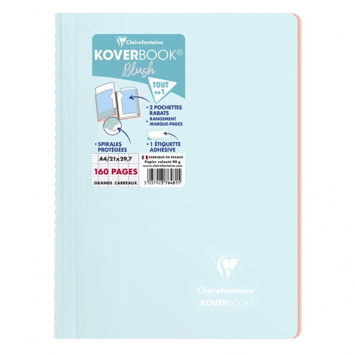 Cahier reliure intégrale enveloppante Koverbook Blush A4 160 pages grands carreaux couverture polypropylène opaque bicolore.