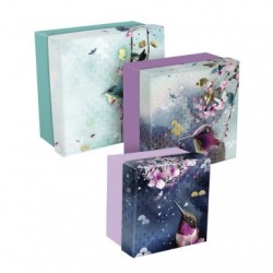 Sakura dream, Set de 3 boites gigognes carrées, 25 x 25 x 12 cm, 20 x 20 x 11 cm et 16 x 16 x 10 cm.