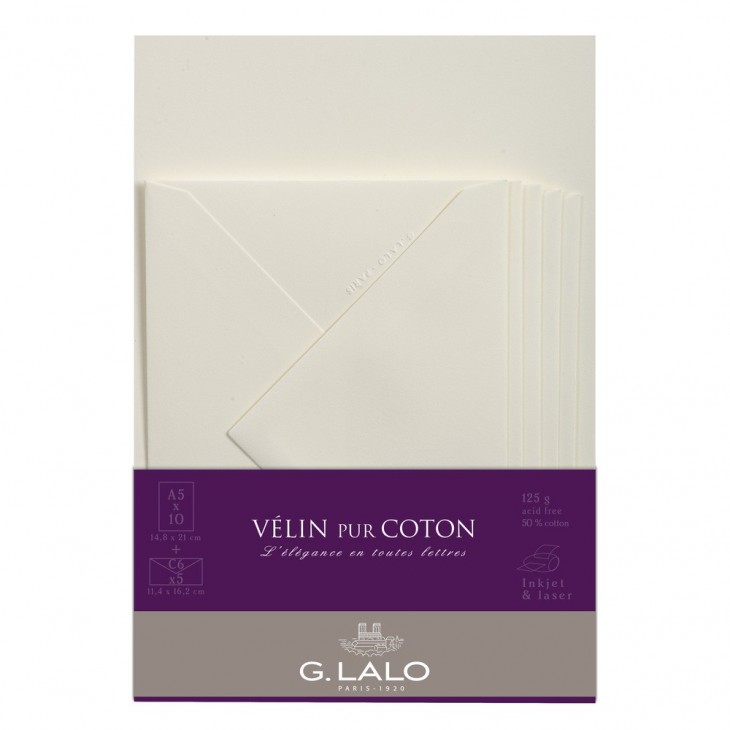 Ensemble Vélin pur coton 10 feuilles A5 et 5 enveloppes C6.