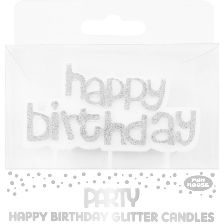 Bougies métalliques pailletés Happy Birthday, argent.