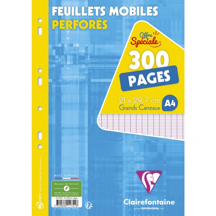 Clairefontaine 17922C Paquet de 400 pages Feuillets Mobiles petits carreaux avec Marge 90 g A4 