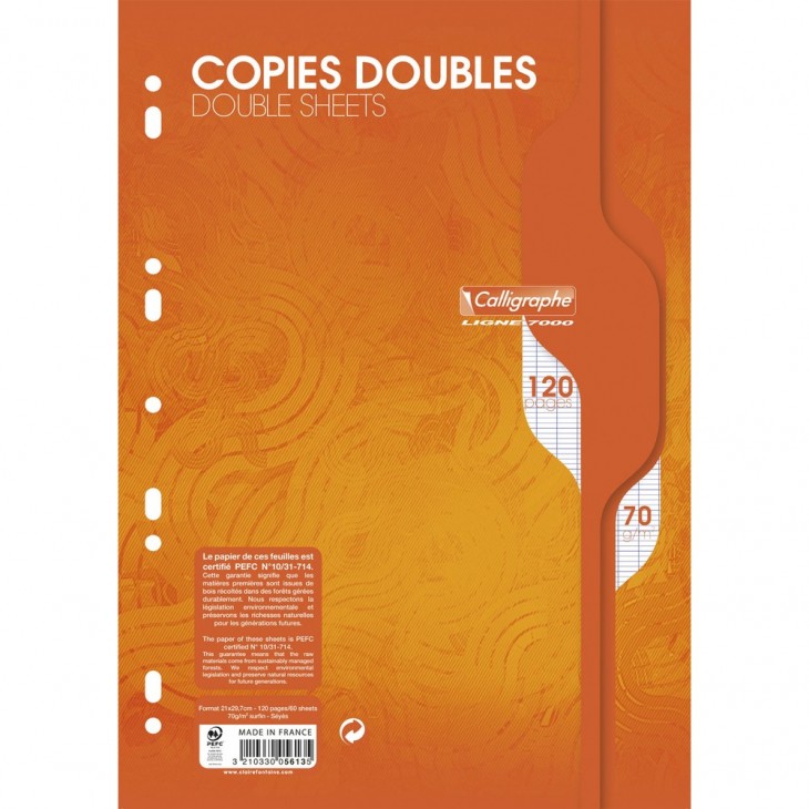500 pages copies doubles, perforées, A4 21x29,7 cm, grands carreaux seyes