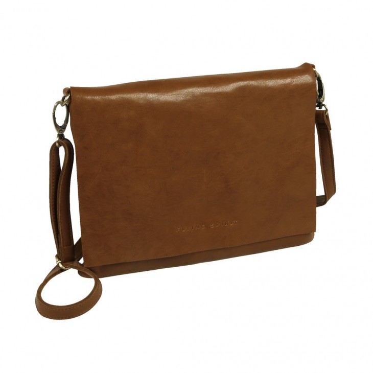 Pochette bandoulière à rabat en cuir glacé Cognac Flying Spirit 23 ,5x2x18cm fermeture éclaire.